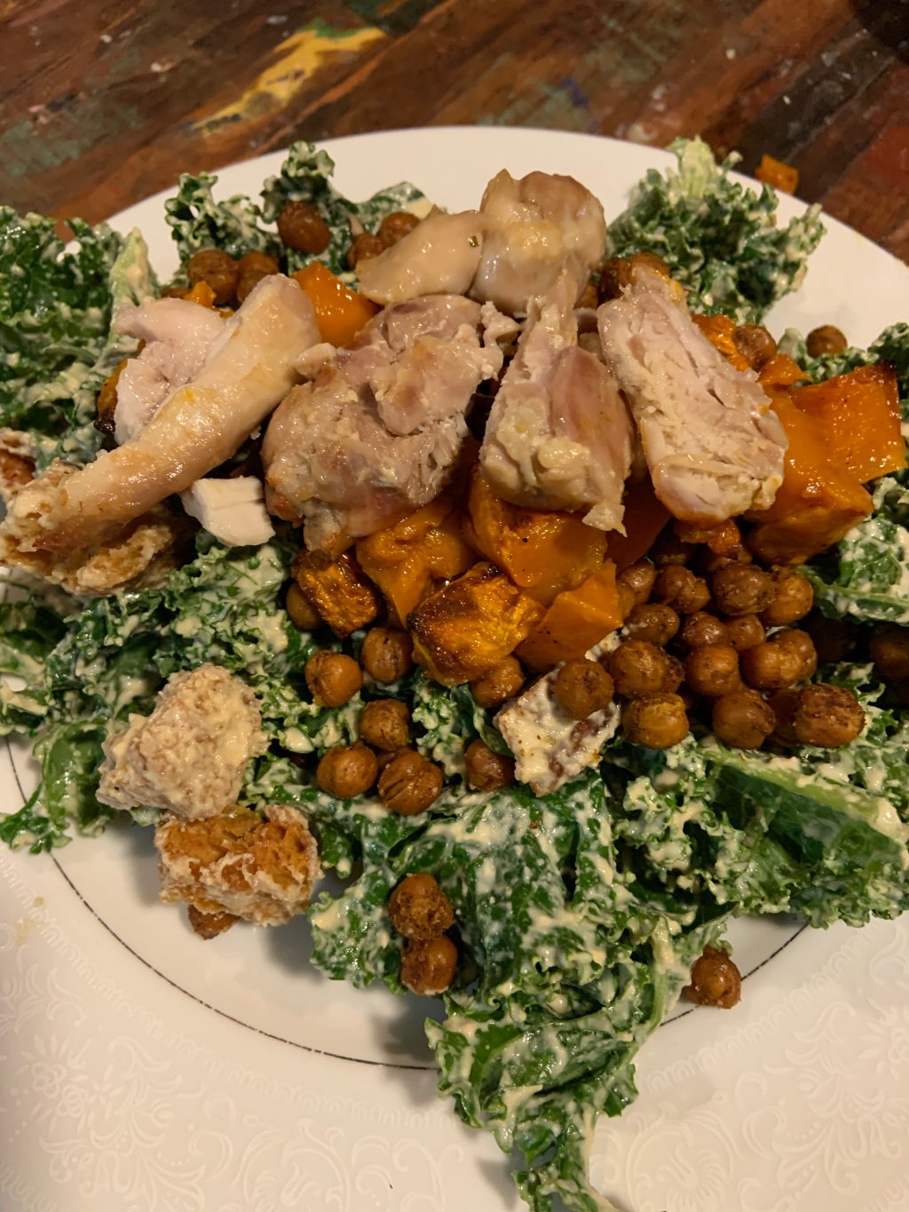 Creamy Kale Salad with Croutons, Squash and Crispy Chickpeas