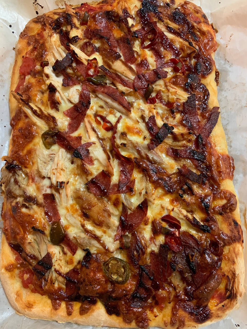 BBQ Chicken Sheetpan Pizza with Jalapeños