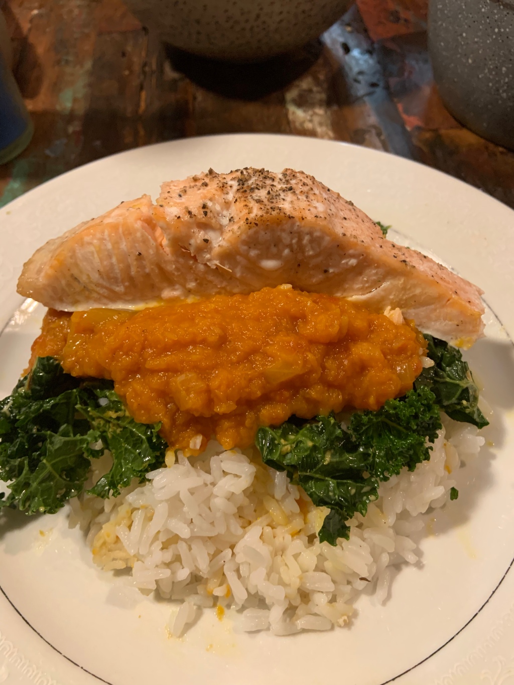 Baked Salmon with Turmeric-spiced Tomato-Squash Bisque and Coconut Rice